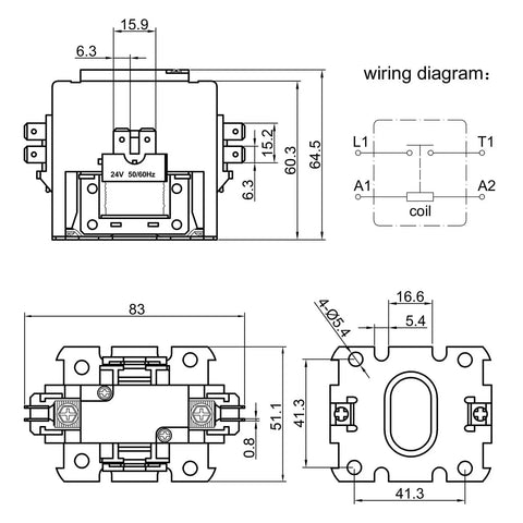 Technical diagram of 1 Pole 30 Amp 24 VAC Coil AC Contactor Replacement For Air Conditioner Condenser Unit And Compressor 50 60 Hz 24V