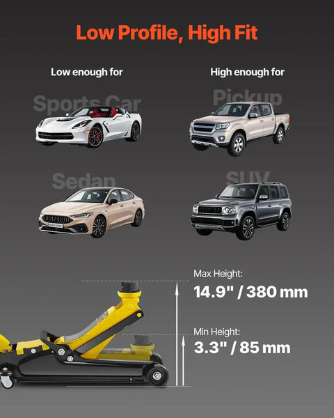 Heavy Duty Floor Jack 2.5 Ton Low Profile With Single Piston Lift Pump For Cars shown with lift range 85-380 mm, fits various vehicles.