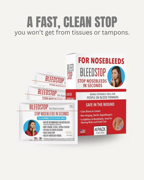 Fast Acting Nosebleed Strips With Blood Coagulant Foam Inserts That Clot Blood On Contact For Rapid Hemostasis packaging