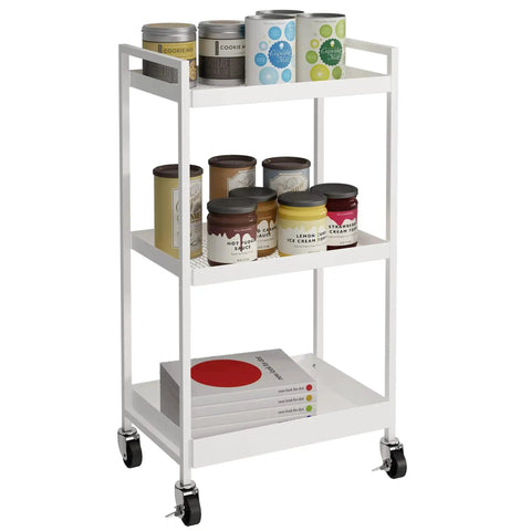 3-Tier Metal Utility Rolling Cart With Lockable Casters For Kitchen Office And Bathroom Storage White loaded with cans and books