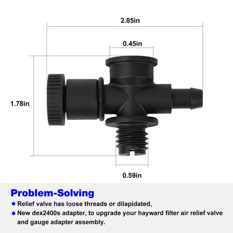 DEX2400S air relief valve adapter, black plastic, 2.85in long with side inlet and bottom threaded fitting