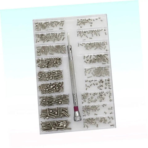 Handy Mini Screw Kit For Glasses And Laptops With Steel Mini Screws And Precision Screwdriver Eyeglasses And Electronics Repair Tool Set For Fast Durable Fixes; organized steel screws in a case with screwdriver visible.