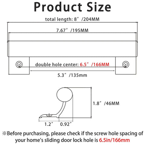 Diagram of 8 Inch Sliding Door Handle Replacement Set 4 Pack Black Metal Barn Door Pull with dimensions and specifications.