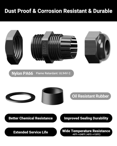 Multi Size Nylon Waterproof Cable Gland Kit With IP68 Cord Grips, 50 Piece Set, showcasing PA66 material and rubber seal ring, black.