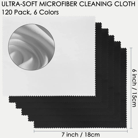 120 Pack Two Color Microfiber Cloths 7x6 Inch For Glasses Screens Cameras Phones, showing black and gray cloths