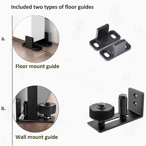Exterior Sliding Barn Door Hardware Kit With 12 Ft Galvanized Steel Box Track Heavy Duty Wall Mount System For Outdoor Use Fits Doors Up To 72 Inches Wide And Supports Up To 300 Lb showing two types of floor guides