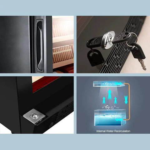 Close-up features of Premium 380L Humidor Cabinet with handles, keys, water recirculation system, and piano black finish.