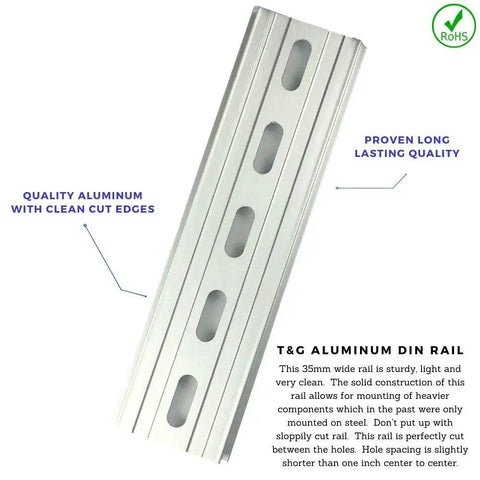Front view of Three Piece DIN Rail Slotted Aluminum RoHS Compliant Rail Set, Five Inch Long, 35mm Wide, 7.5mm High, Silver Finish
