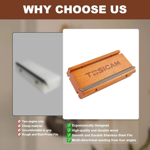 Guitar Fret Bevel File 4 In 1 With Fret Bevel Angles 3 Degrees 23 Degrees 35 Degrees And 90 Degrees shown with wooden handle.
