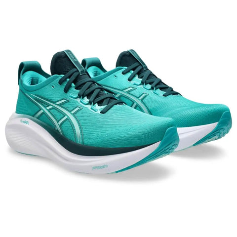 Gel Nimbus 27 Men's Running Shoes Size 9.5 Wave Teal Saxon Green Ultra Cushioned Ride With Engineered Jacquard Mesh Upper Eco Friendly Materials From 75 Percent Recycled Content And Solution Dyed Sockliner For Lower Water Use