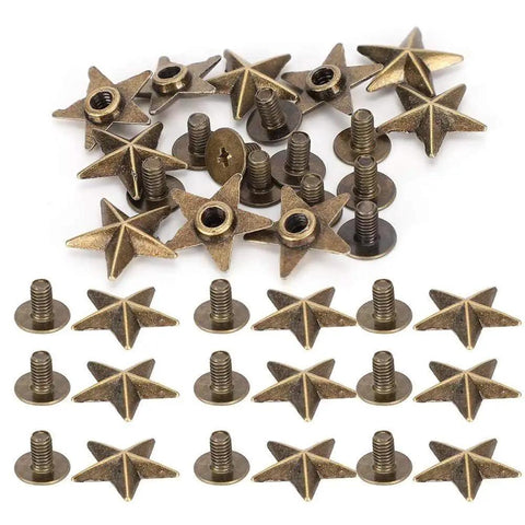 Star Rivet Set 50 Set Zinc Alloy 14mm Screws For DIY Clothing Shoes Purses, showing star-shaped rivets and screws on a white background.