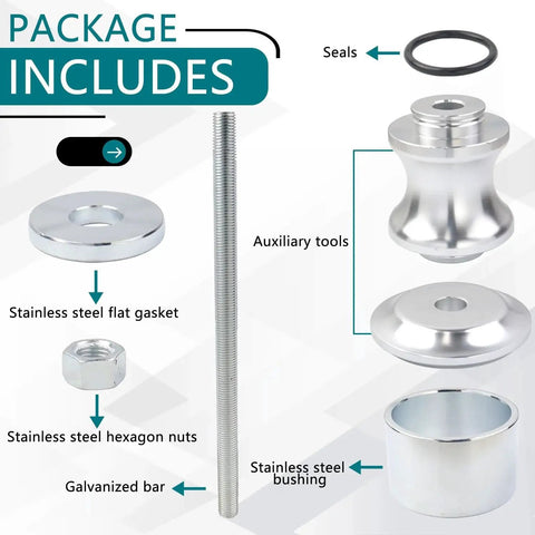 Package contents for Durable High Grade Steel Wheel Bearing Removal Tool including gaskets, nuts, and bushings for 40/44mm bearings.