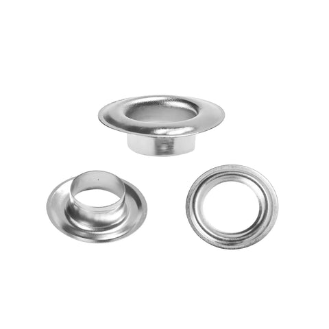 Close-up of Grommets Kit 1000 Pcs 3/8 Inch Washers and Eyelets for Banners and Posters showing silver iron grommets and washers.