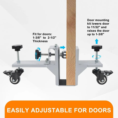 Heavy Duty Door Lifter Dolly Twin Pack For Doors From One And Three Eighths Inches To Two And One Half Inches Prehung Slab Front Steel Doors Installation Tools For Commercial And Residential Use showing adjustable fit and wheels