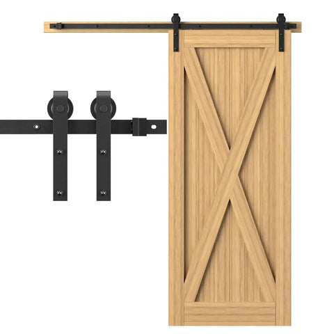 Six Point Six Feet Long Sliding Barn Door Hardware Kit For Single Door Sturdy Durable Carbon Steel With Black Coating To Prevent Rust Heavy Duty Easy To Install Fits Thirty Six To Forty Inch Wide Doors J Shape Hanger Included showing front view with door and black hardware