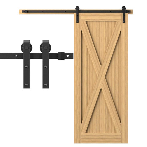 7 Foot Sliding Barn Door Hardware Kit For A Single Door With Sturdy Rails And Quiet Smooth Glide Fits 40 To 42 Inch Wide Doors J Shape Hanger Carbon Steel With Black Coating Built To Last Easy To Install shown installed on wooden door