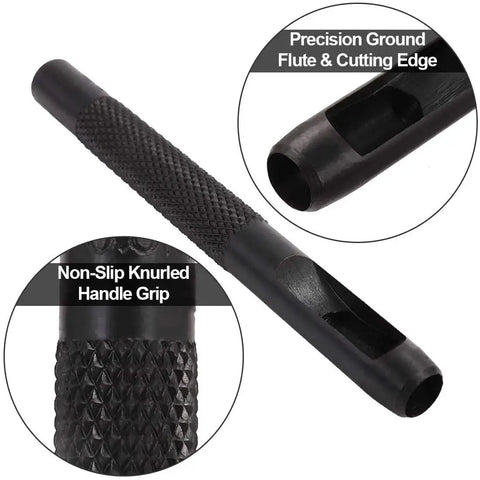 Close-up of a 12 piece hollow punch with precision ground flute and non-slip knurled grip, part of the leather hole punch kit.