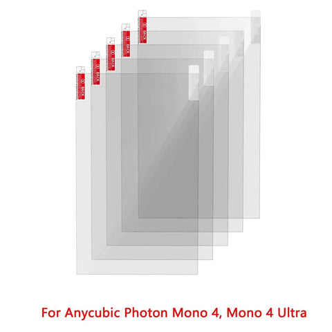 Five Pack Screen Protector For Anycubic Photon Mono 4 And Ultra Resin 3D Printers, ultra clear film displayed in layers.