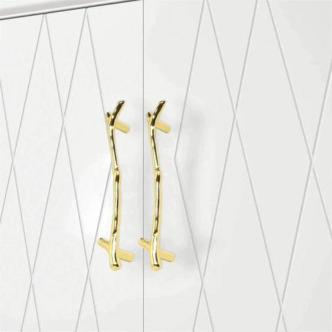 Gold Twig Branch Cabinet Knob Pulls 2 Pack Zinc Alloy Decorative Handles for Cabinets 128mm Hole Centers installed on white doors