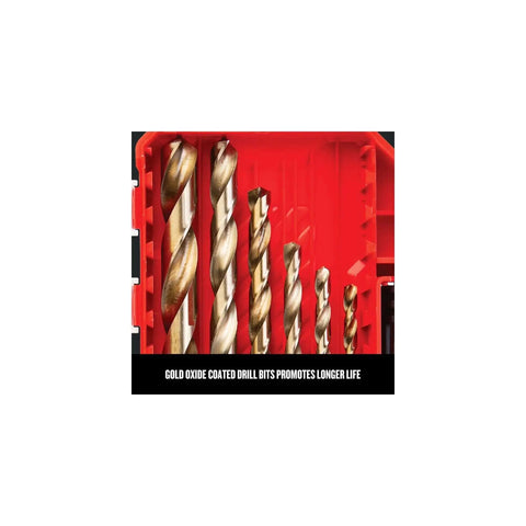 Gold Oxide Drill Bit Set For Wood Metal Or Plastic, 14-Piece With Split Point For Precise Holes, shown in red case