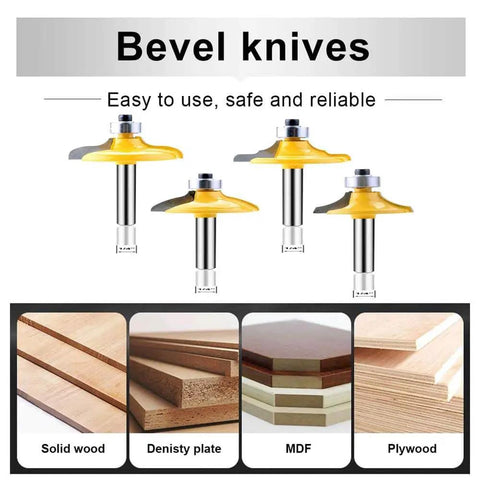 Four Piece One Quarter Inch Shank Router Bit Set For Door And Drawer Front Edging, Killer Ogee Bits, Thumbnail Bit, Round Over Bit, Carbide CNC Milling Cutters For Woodworking Grooving And Cabinet Making displayed on a white background.