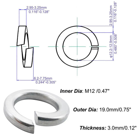 Technical diagram and close-up of M12 Split Lock Washer 25 Pack 304 Stainless Steel 18 8 Spring Lock Washers For Bolts Nuts And Screws Hardware Fittings Silver Anti Loosening Boss Grade Built To Last