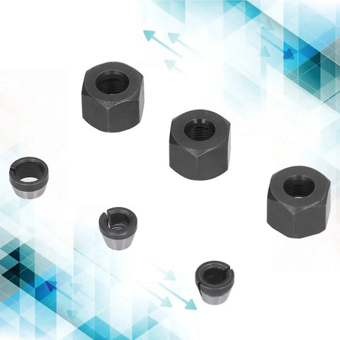 Six Pack 1/4 to 1/8 Collet Adapters with Screws and Nuts for CNC Lathe, Router, and Milling Cutters on blue background