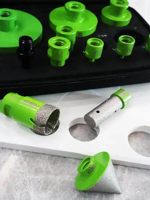 Tile Hole Saw Kit With 12 Diamond Core Drill Bits For Porcelain Ceramic Marble And Granite Includes 20mm Finger Bit And 2 Inch Bevel Chamfer Bit With 5/8 To 11 Adapter Plus Bits In 1/4 5/16 4/5 1 1-3/8 2 3 4 Inches displayed with case and bits
