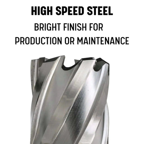 Close-up of Five Eighth Inch By One Inch High Speed Steel Annular Cutter DWC Series with Weldon Shank for magnetic drill presses