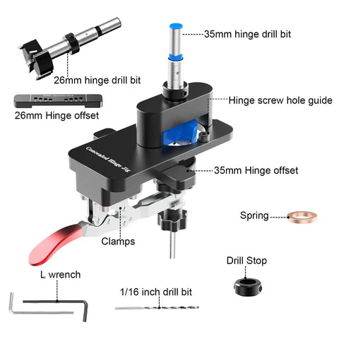 Effortlessly install cabinet hinges with precision using this all metal jig featuring 26mm and 35mm bits, dual depth lines, and a quick clamp.
