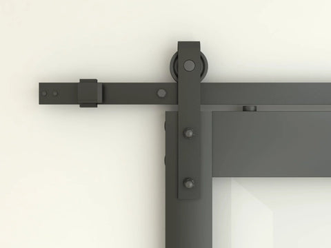 Close-up of rail system for 48 Inch By 84 Inch 5 Lite Tempered Frosted Glass Sliding Barn Door With Black Finish Composite Interior Hardware Kit And Rail System Left Or Right Mount Easy Assembly Dope Modern Farmhouse Vibe.
