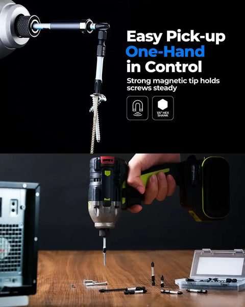 Grippy No Slip Phillips Screwdriver Bits With Magnetic Design PH2 Set in use, demonstrating strong magnet holding screws on drill.
