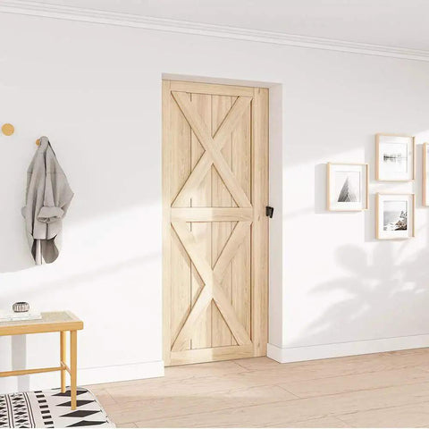 Barn Door Lock Hardware Black Steel Sliding Privacy Latch installed on wooden door, designed for closet doors, sheds, and pocket doors.