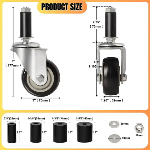 Diagram of 3 Inch Expanding Stem Prep Table Casters Set of 4 Threaded Swivel Heavy Duty Castors for Stainless Steel Kitchen Cart