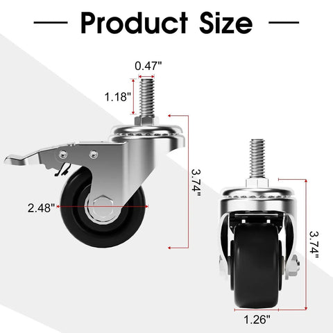 Heavy Duty Caster Wheels Set Of 4 With 2000 Pound Capacity Dual Locking 360 Degree Swivel Silent Casters Half Inch 16 UNC Threaded Stem One Inch Long For Furniture Carts And Industrial Carts - product size diagram