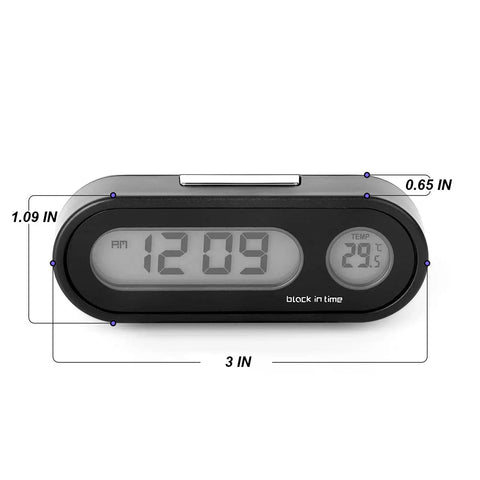 Car Digital Temperature And Time Clock With LCD Backlight And Celsius Readout, showing dimensions and display readings