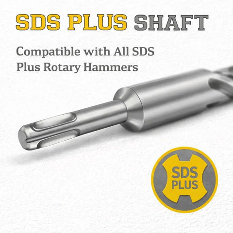 Close-up of SDS Plus shaft, compatible with SDS Plus rotary hammers, from Three Quarter Inch SDS Plus Masonry Drill Bit Set For Concrete And Brick, 12 Inch Total Length, 2 Pack, Heavy Duty Industrial Grade Carbide Tipped Bits For SDS Rotary Hammers, Compatible With DeWalt Makita Bosch Milwaukee And More.