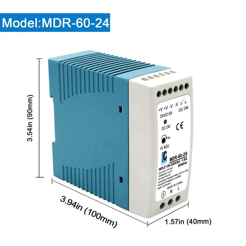 Rail Mount 24V DC Switching Power Supply, 60W, Quick Install, Plug And Play Ready, Input 100-240VAC, Output 24V DC At 2.5A, 50/60Hz, Rugged Industrial Power For Distribution Boxes And Control Panels in a blue and white housing