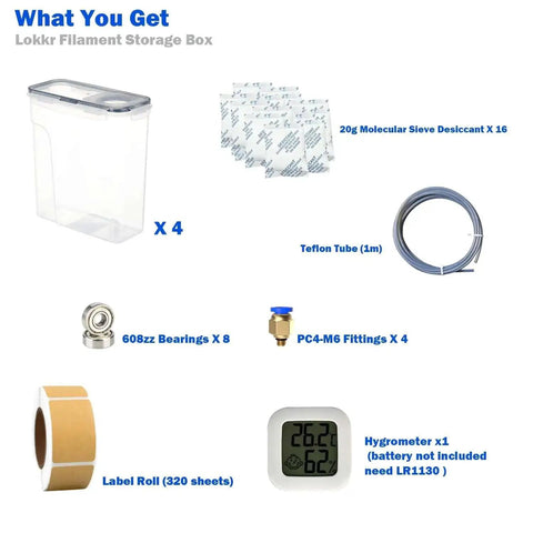 Contents of Filament Storage Box 4 Pack 4.0L Waterproof Dust Proof Container For 3D Printing Filament With Desiccant And Label DIY Dry Box Upgrade Accessories Included, showing storage box, desiccant, tube, bearings, fittings, label roll, and hygrometer.
