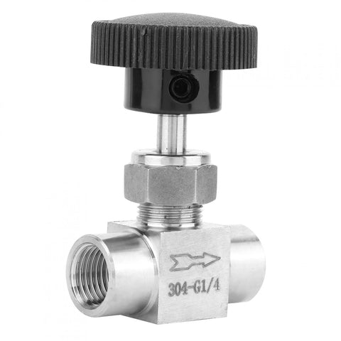Stainless steel needle valve with black knurled knob, 1/4-in NPT female x 1/4-in NPT female, straight flow control for water, gas, oil (front view)