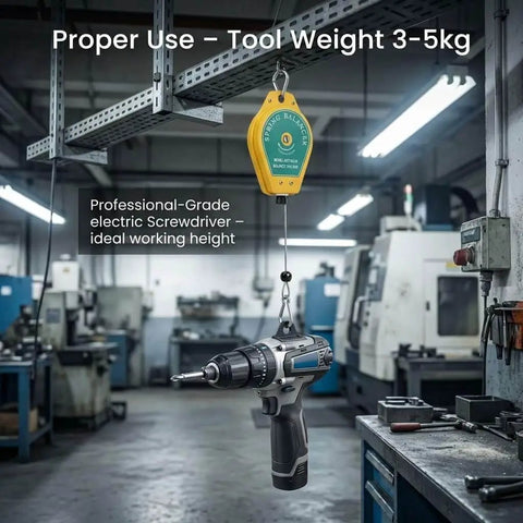 Heavy Duty Spring Balancer Set Two Pack 6.6 to 11 Lb Range Retractable Tool Fixture Holder for assembly line in industrial setting.