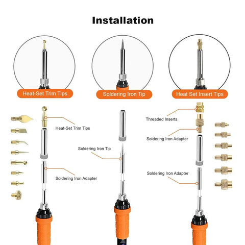 90W Digital Soldering Iron Kit With Heat Set Inserts And Extra Tips For 3D Printing display showing various soldering tips and adapters