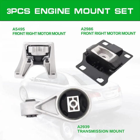 Beefy Heavy Duty Engine Mount Set For Ford Transit Connect 2010 To 2013 2.0L And Ford Focus 2003 To 2007 2.3L With 2005 To 2007 2.0L OE A2939 A2986 A5495 Direct Fit Three Piece Vibration Dampening Kit displayed with labeled components including A5495 front right motor mount, A2986 front right motor mount, and A2939 transmission mount against a car outline.