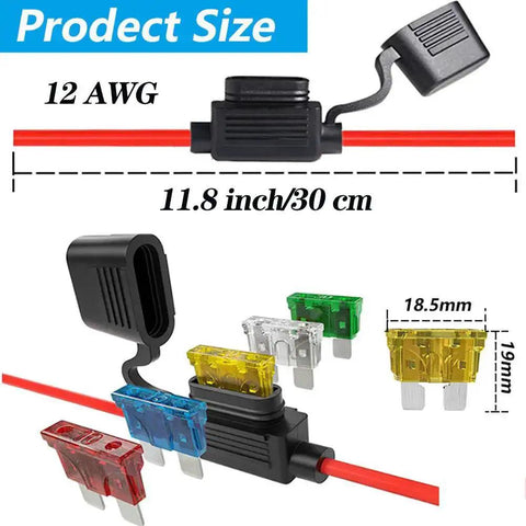 Close-up of 12 Gauge Inline Fuse Holder Kit For Automotive Wiring Waterproof ATC ATO Blade Fuse Holders with 6 Units and 55 Fuses.