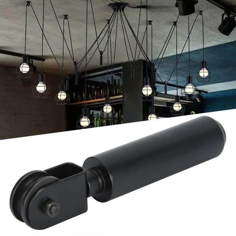 Industrial Pendant Lamp Hanging Chandelier Pulley System Kit With Wire Pulleys Bearing Rod And Lifting Accessories shown installed