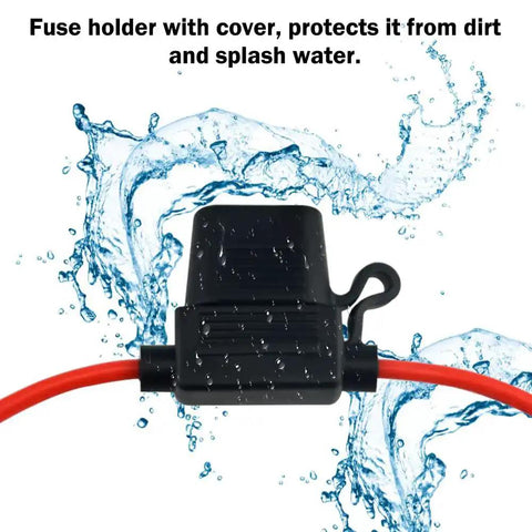 Heavy Duty Inline Fuse Holder Kit For Mini Blade Fuses, 14 Gauge Wire, with weatherproof cover and water splash illustration