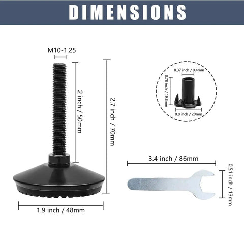 Dimensions of 4 Pack M8 Furniture Levelers Adjustable Feet For Tables, Sofas, Cabinets, And Workbenches with wrench shown