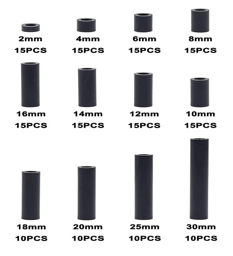 ABS Plastic Unthreaded Spacers Kit For M4 Screws With 7mm Outer Diameter And 4.2mm Inner Diameter Black Round Spacers Including Clearance Spacers In Assorted Lengths From 2mm To 30mm, displayed in various lengths and quantities.