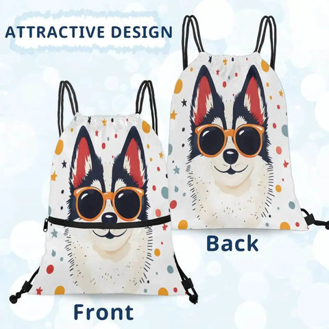 Front and back view of Cool Dog With Sunglasses Drawstring Bag For Men And Women, Lightweight Gym Sackpack With Zipper Pocket, External