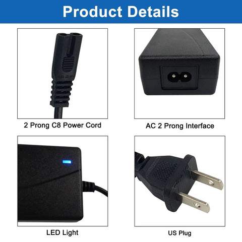 Versatile 12V 5A AC DC Power Adapter showing 2-prong C8 power cord, AC 2-prong interface, LED light, and US plug for DIY projects.